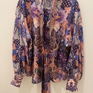 Zimmermann Multicolor Floral Blouse jewel button 2 purple pink green silk